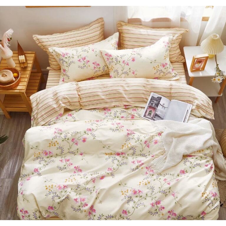 Set complet de lenjerie pentru pat dublu , din bumbac 100%, cu 2 fete de perna, Valentini Bianco , model TB010/19