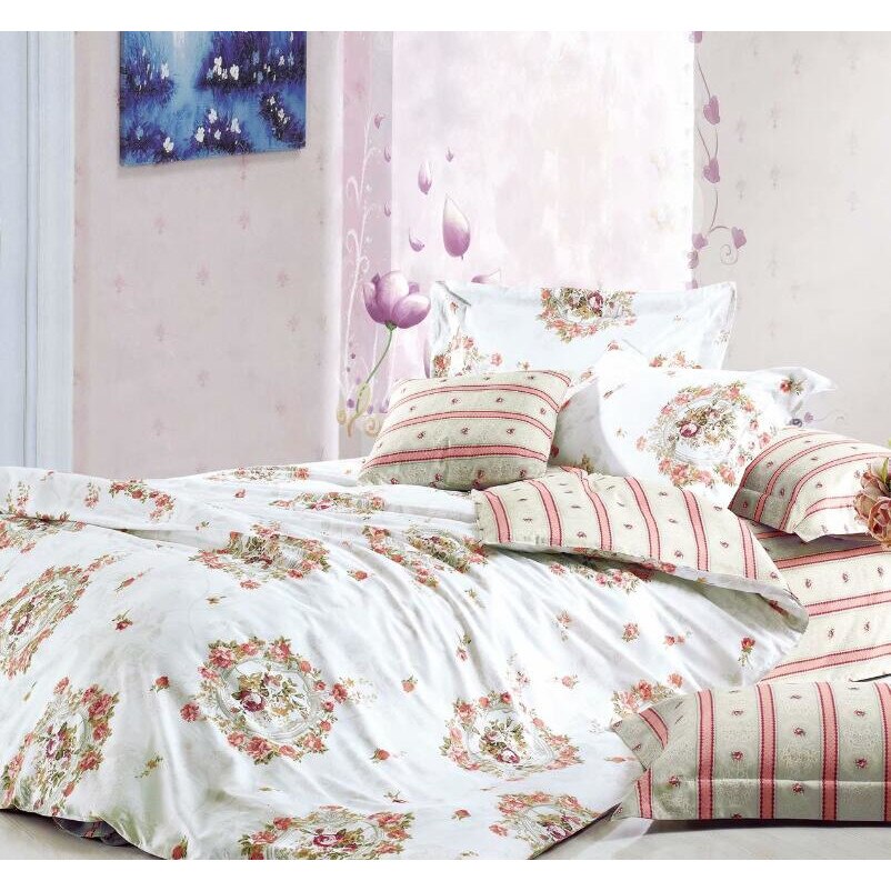 Set complet de lenjerie pentru pat dublu , din bumbac 100%, cu 2 fete de perna, Valentini Bianco , model TB010/4