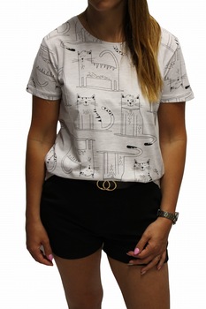 Tricou din bumbac cu decolteu rotund si imprimeu cu pisici, Moraj, Alb, Alb Tricou din bumbac cu decolteu rotund si imprimeu cu pisici, Moraj, Alb, Alb