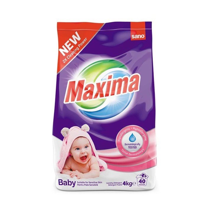 Detergent pudra pentru piele sensibila Sano Maxima Baby, 40 spalari, 4 kg
