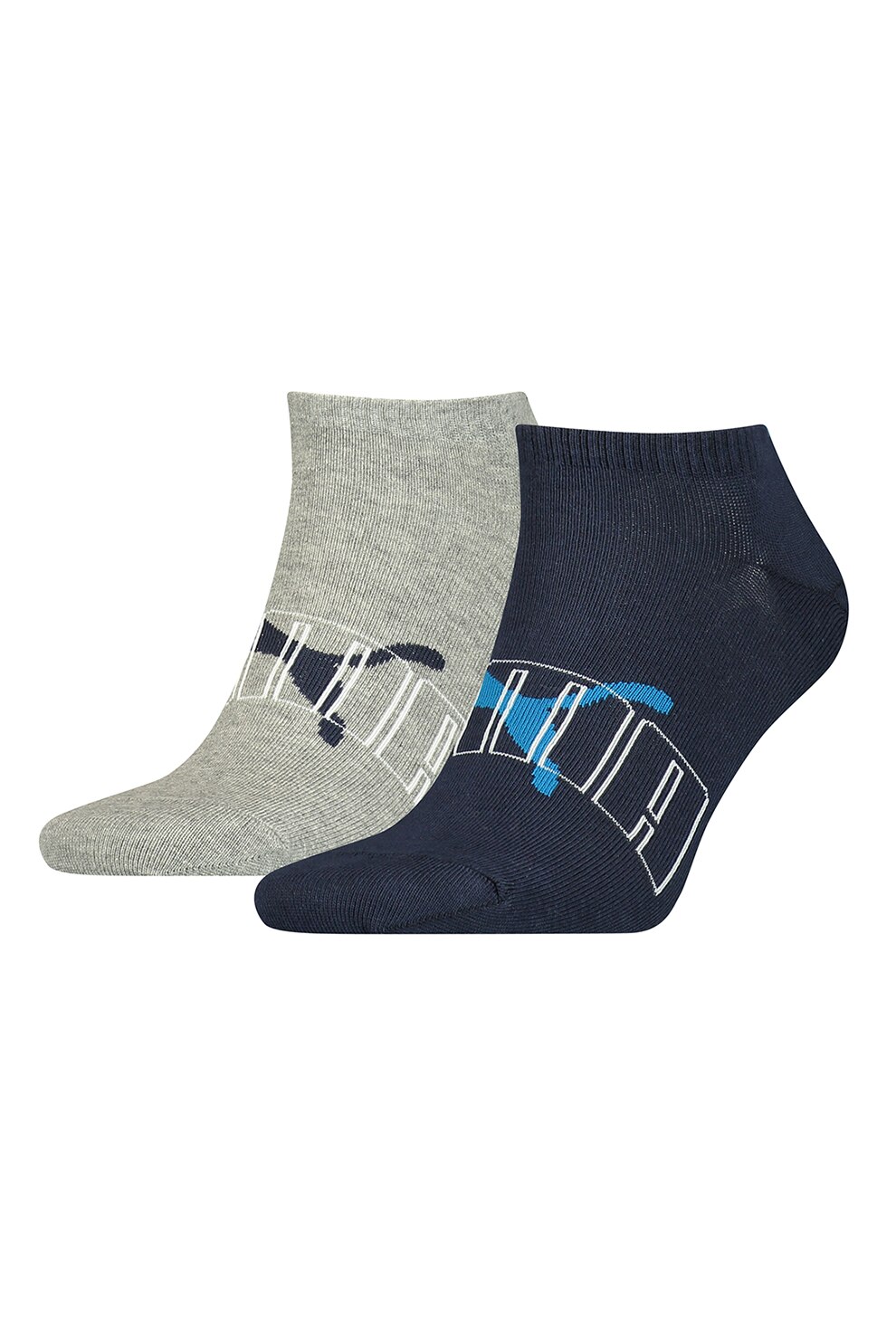 Puma, Set de sosete scurte cu imprimeu - 2 perechi, Albastru/Gri/Alb