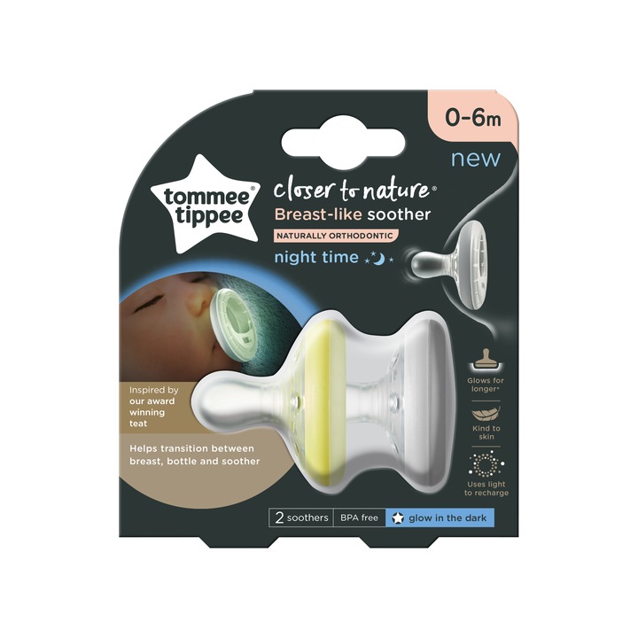 Нощна залъгалка Tommee Tippee Closer to Nature Breast like soother, 0-6 месеца, 2 броя, Бял/Жълт