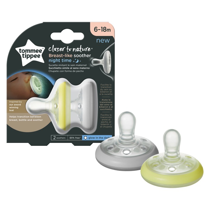 Нощна залъгалка Tommee Tippee Closer to Nature Breast like soother, 6-18 месеца, 2 броя, Бял/Жълт