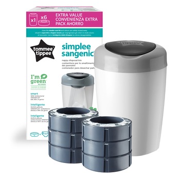 Pachet Cos pentru scutece + 6 Rezerve Tommee Tippee Sangenic Simplee Reciclabil, Alb/Gri Pachet Cos pentru scutece + 6 Rezerve Tommee Tippee Sangenic Simplee Reciclabil, Alb/Gri