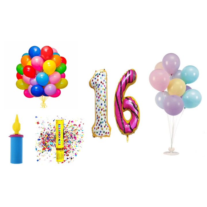 Születésnapi lufi szett, 16 éves, fánkos modell, 60 db