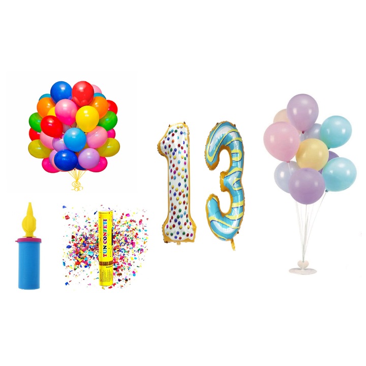 Születésnapi lufi szett, 13 éves, fánkos modell, 60 db