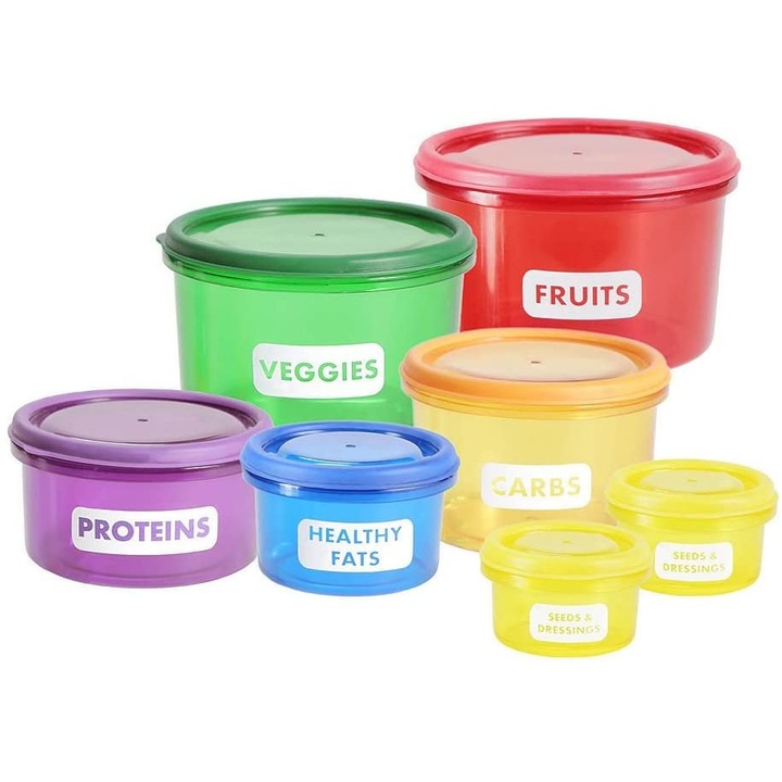 Set 7 cutii alimentare compatibile cu masina de spalat vase/cuptor cu microunde, PP, Etichete, Multicolor