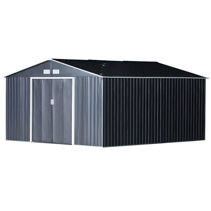 Градинска барака Outsunny, Поцинкована стомана, 2 плъзгащи се врати, Сив, 24,5 кв.м, 382x340x200 см