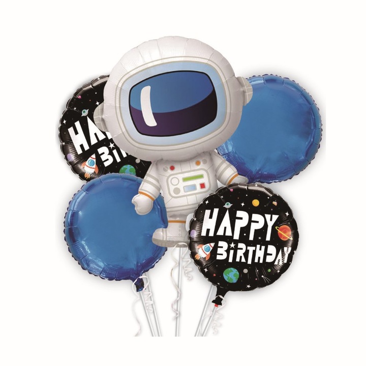 Комплект от 5 балона метално фолио, астронавт, сини и черни