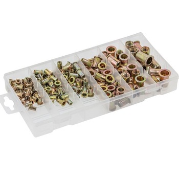 Trusa de 150 piulite nituibile, Hogert, din otel, 6 dimensiuni intre 4,8 mm-21mm Trusa de 150 piulite nituibile, Hogert, din otel, 6 dimensiuni intre 4,8 mm-21mm