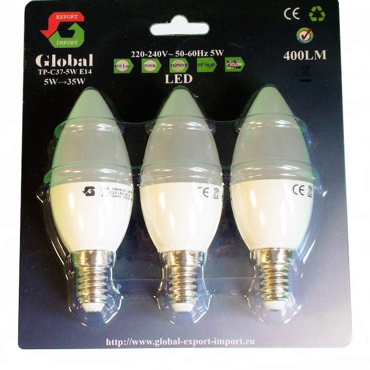 Global gyertya LED izzó (5W 400LM E14 220-240V ? 50/60Hz), 3db
