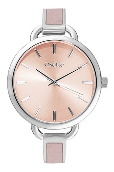 OXETTE, Ceas cu bratara rigida si detalii din piele, Argintiu/Roz OXETTE, Ceas cu bratara rigida si detalii din piele, Argintiu/Roz