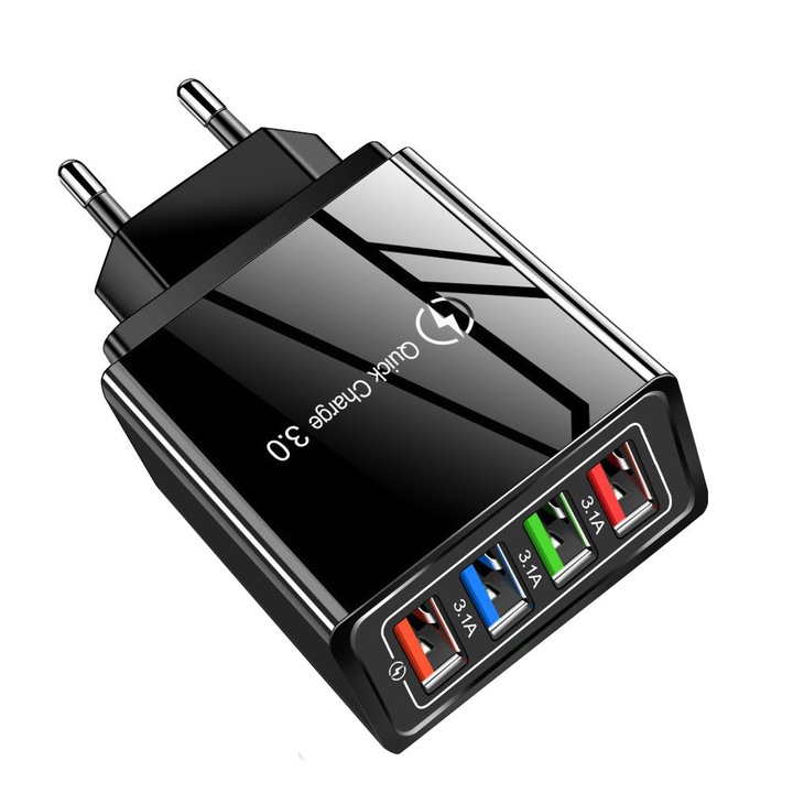 Incarcator retea QC 3.0 Vaxiuja, 4 porturi USB, 3A, 110-240 V, Negru