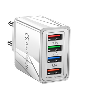 Incarcator retea QC 3.0 Vaxiuja, 4 porturi USB, 3A, 110-240 V, Alb Incarcator retea QC 3.0 Vaxiuja, 4 porturi USB, 3A, 110-240 V, Alb