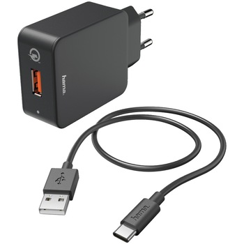 Kit Incarcator retea Hama, USB-C, QC 3.0,3A, Negru
