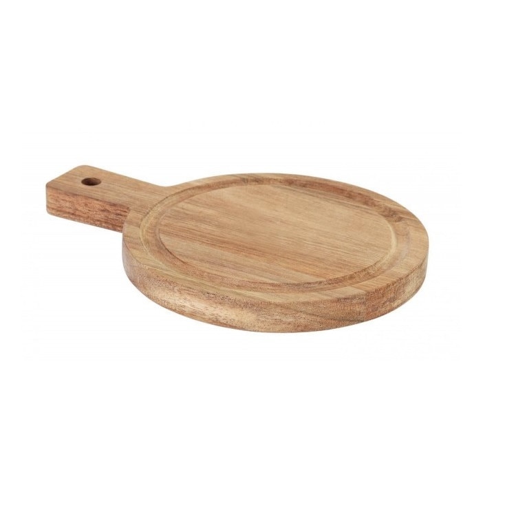 Platou rotund din lemn, cu maner, diam 14 cm - pentru hamburger