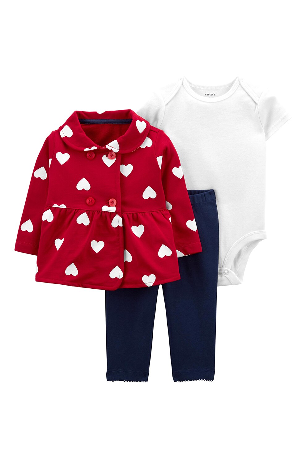 Carter's, Set de imbracaminte cu model discret cu inimi - 3 piese, Rosu/Alb/Bleumarin