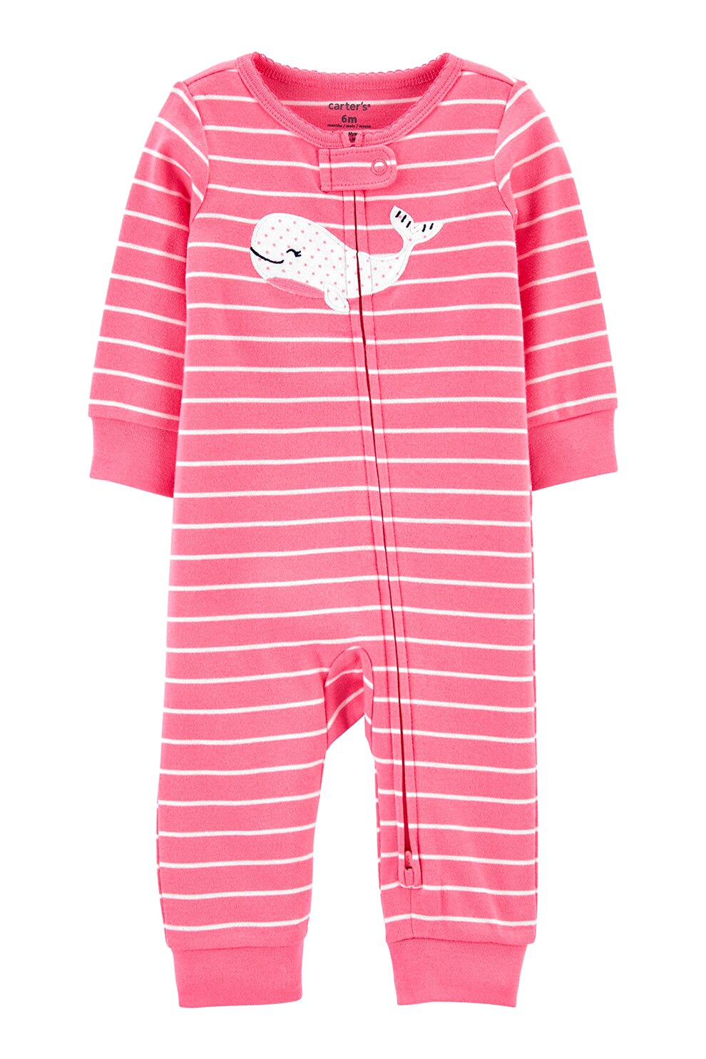 Carter's, Pijama tip salopeta cu fermoar si model cu balena, Roz aprins/Alb