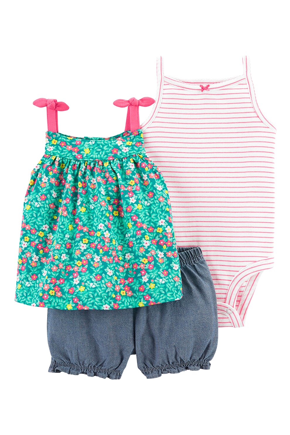 Carter's, Set de imbracaminte cu model in dungi si flori - 3 piese, Verde/Rosu/Alb