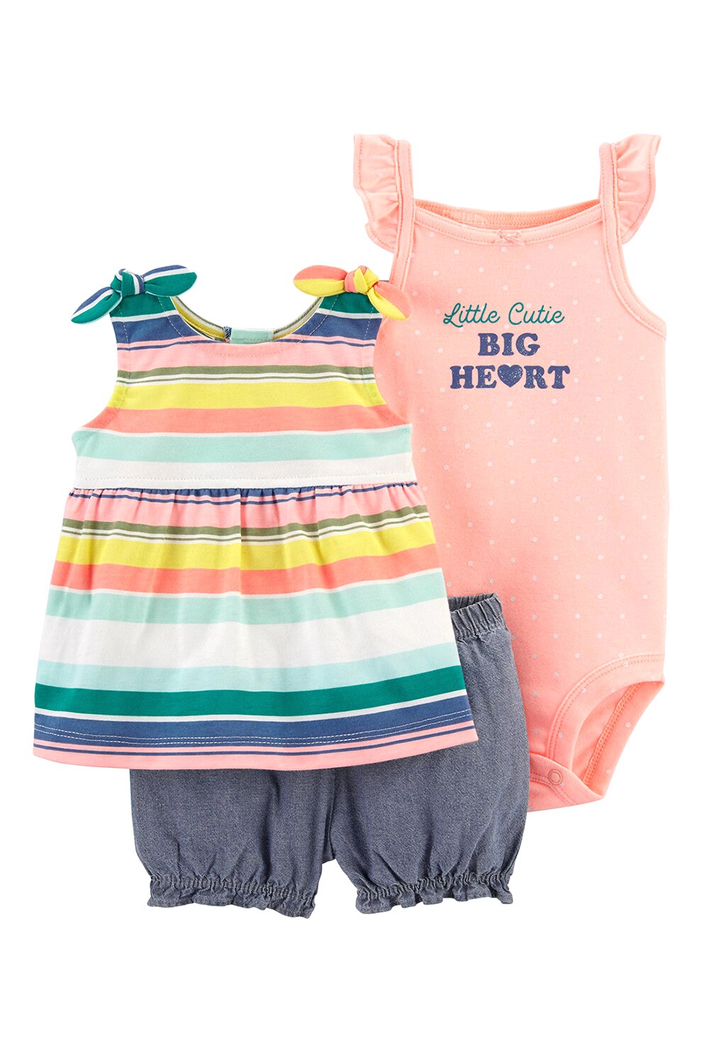 Carter's, Set de imbracaminte cu buline si model in dungi - 3 piese, Roz somon/bleumarin/verde