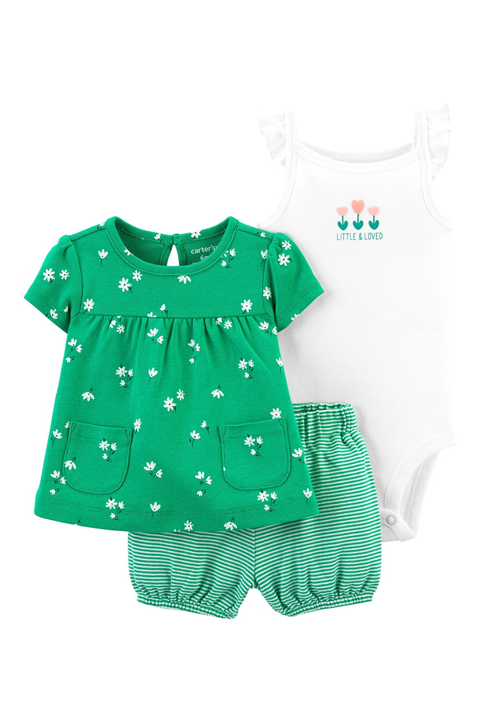 Carter's, Set de imbracaminte cu model in dungi si flori - 3 piese, Verde/Alb