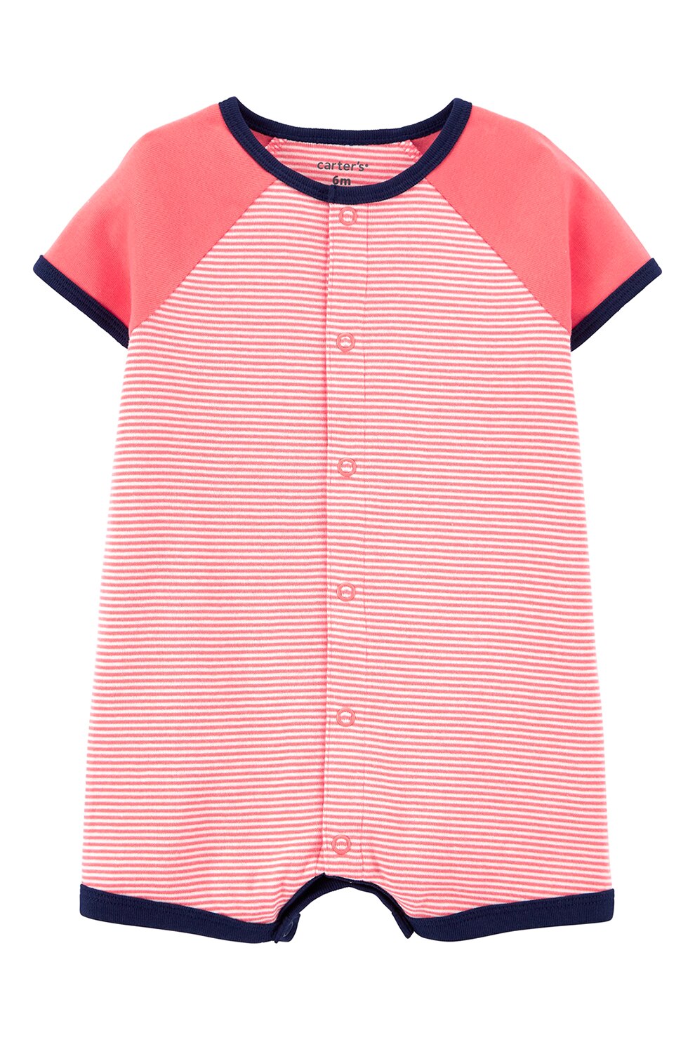 Carter's, Salopeta scurta cu model in dungi si rechin, Roz corai/Bleumarin/Alb