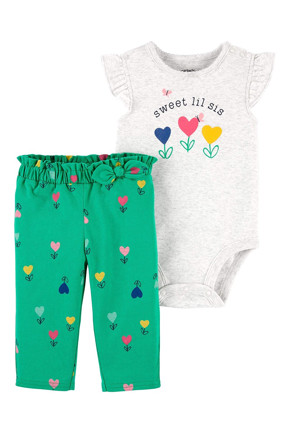 Carter's, Set de body si pantaloni cu inimi discrete, Gri deschis/Verde