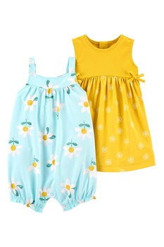 Carter's, Set de salopeta, rochie si chiloti - 3 piese, Galben mustar/albastru pastel Carter's, Set de salopeta, rochie si chiloti - 3 piese, Galben mustar/albastru pastel