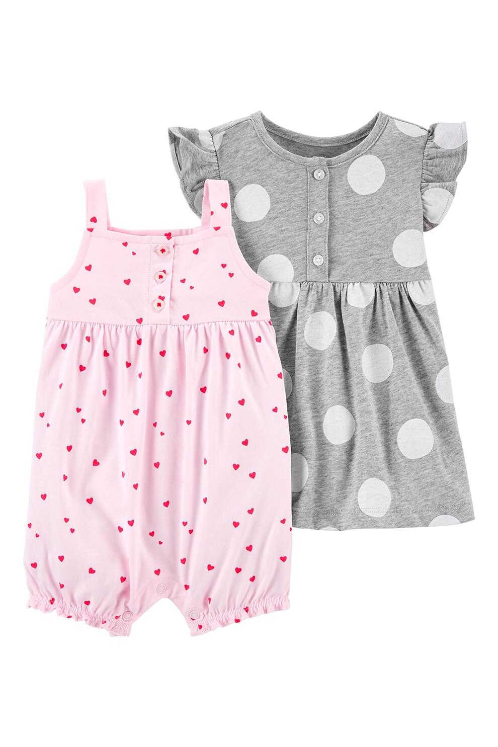 Carter's, Set de salopeta, rochie si chiloti cu imprimeu - 3 piese, Gri melange/Alb/Roz
