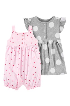 Carter's, Set de salopeta, rochie si chiloti cu imprimeu - 3 piese, Gri melange/Alb/Roz Carter's, Set de salopeta, rochie si chiloti cu imprimeu - 3 piese, Gri melange/Alb/Roz