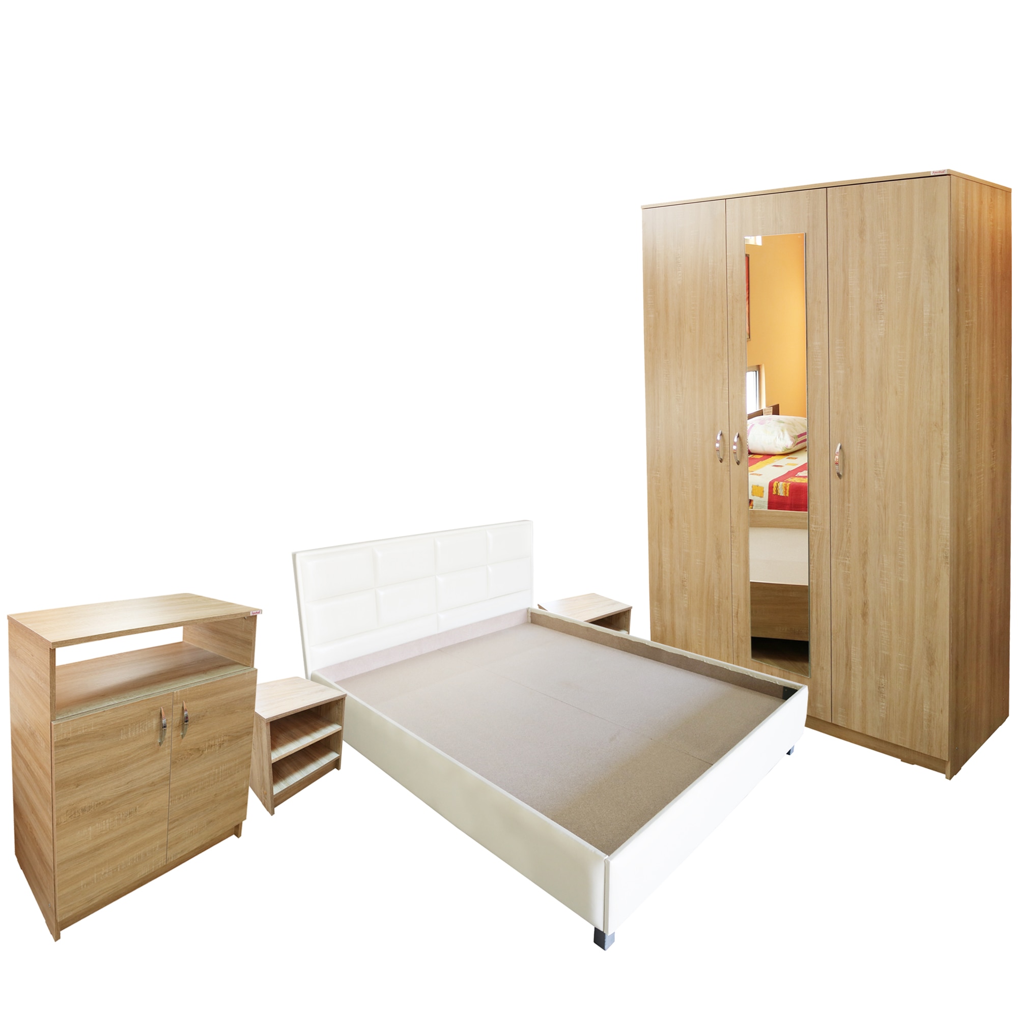 Dormitor Soft Sonoma cu pat tapitat bej pentru saltea 140x200 cm