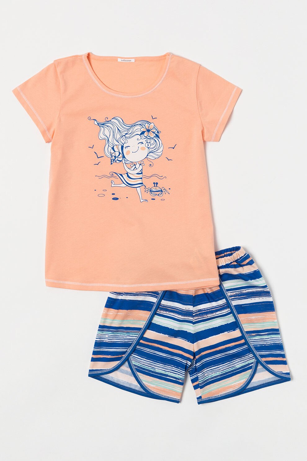 Sofiaman, Pijama din bumbac cu maneci scurte Georgiana, Roz piersica/albastru inchis/alb