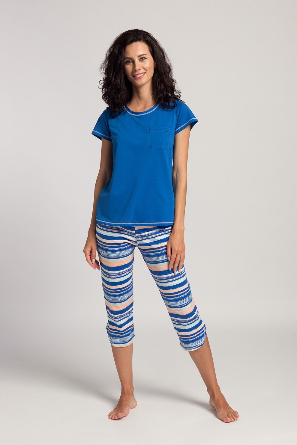 Sofiaman, Pijama din bumbac cu pantaloni trei sferturi Georgiana, Albastru royal/roz piersica/alb