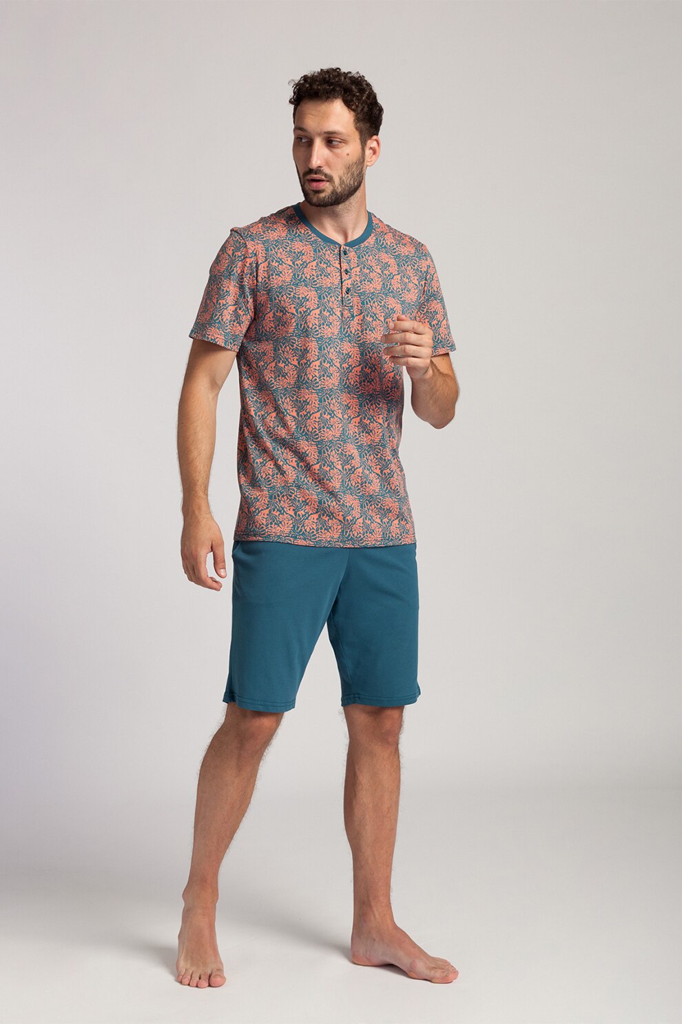 Sofiaman, Pijama scurta cu imprimeu grafic George, oranj, albastru petrol, S