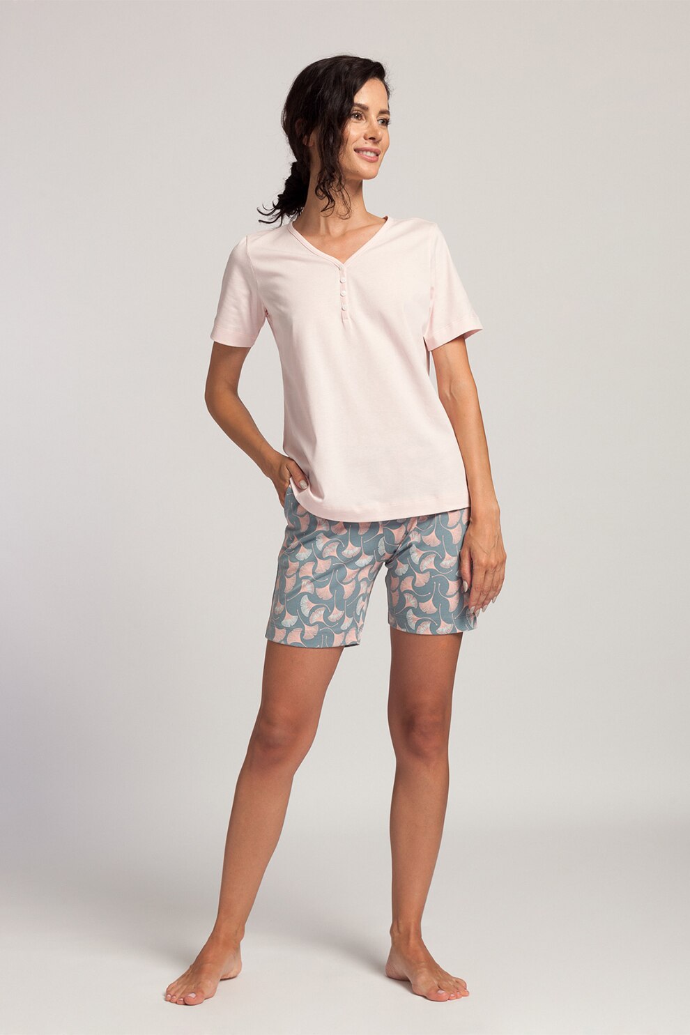 Sofiaman, Pijama scurta din bumbac organic Ginko, Roz pal/Gri