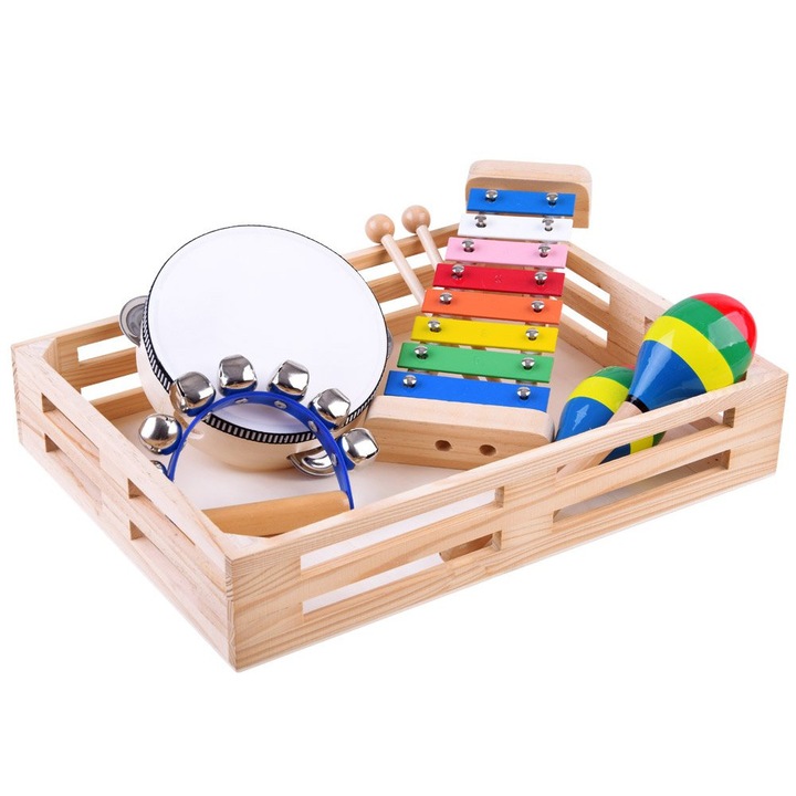 Set de instrumente muzicale 4 in 1, Ramiz, Lemn, Multicolor