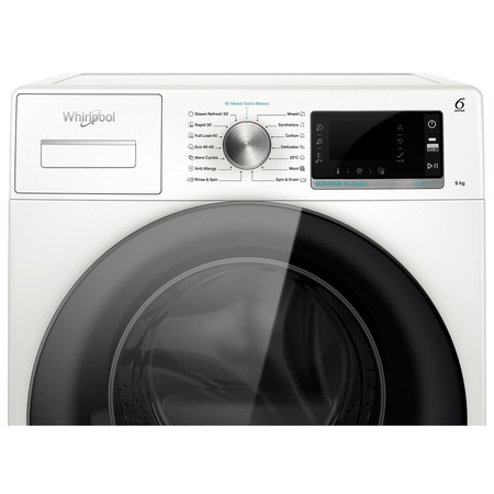 Masina de spalat rufe Whirlpool Supreme Silence W6W945WBEE, 9 kg, 1400 rpm, Clasa B, Al 6-lea Simt, Motor Zen Direct Drive, FreshCare+, Steam Refresh, Steam Hygiene, Display LCD, Alb