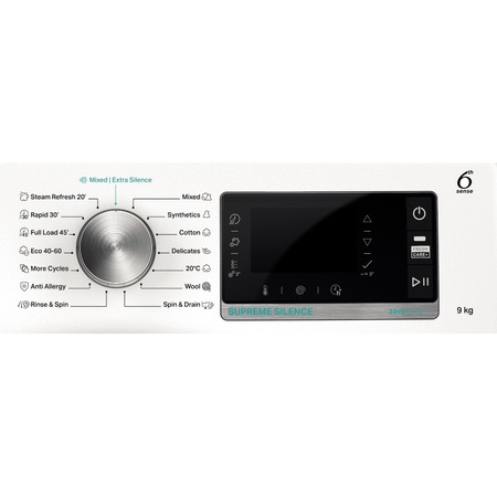Masina de spalat rufe Whirlpool Supreme Silence W6W945WBEE, 9 kg, 1400 rpm, Clasa B, Al 6-lea Simt, Motor Zen Direct Drive, FreshCare+, Steam Refresh, Steam Hygiene, Display LCD, Alb