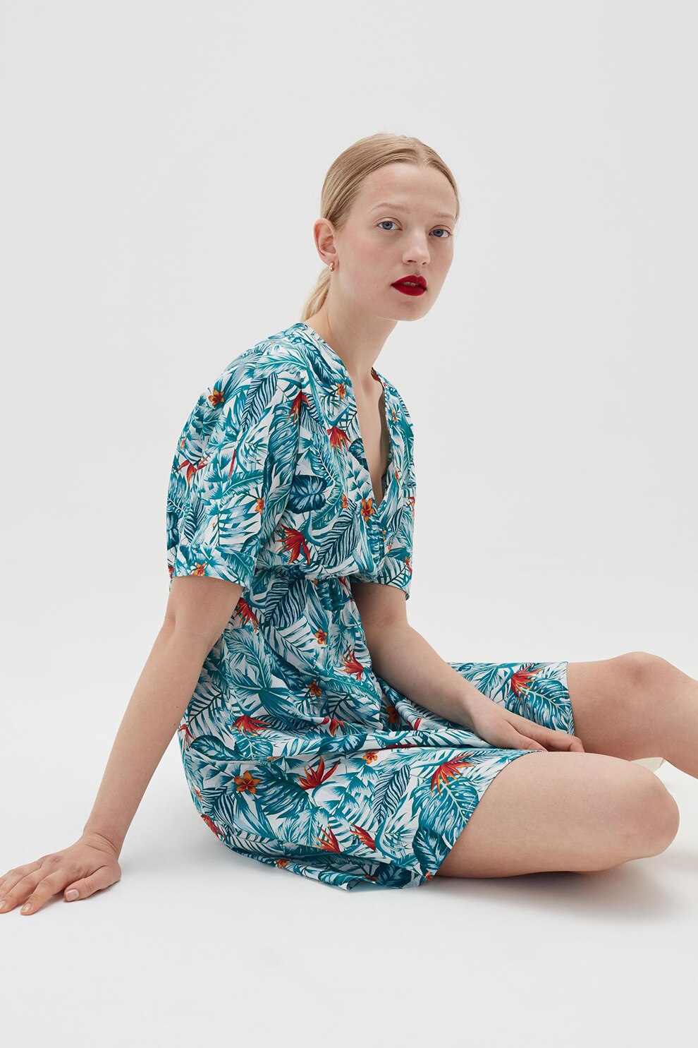 OVS, Rochie mini cu decolteu in V si imprimeu, Alb/Albastru pastel/Verde marin