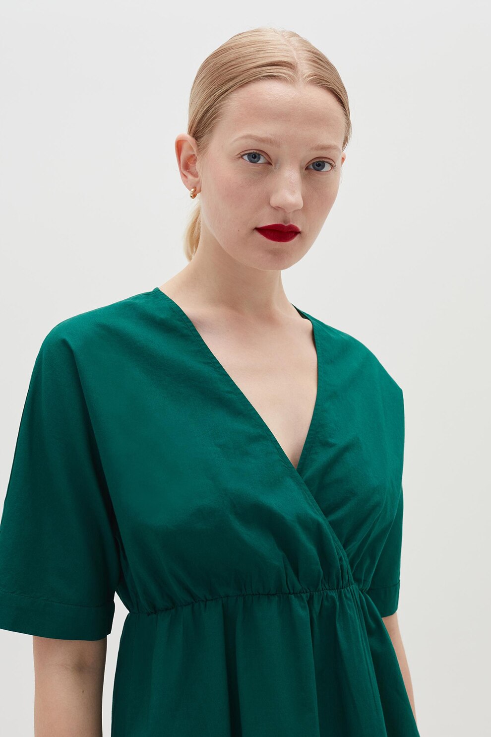 OVS, Rochie mini de bumbac cu decolteu in V, Verde inchis