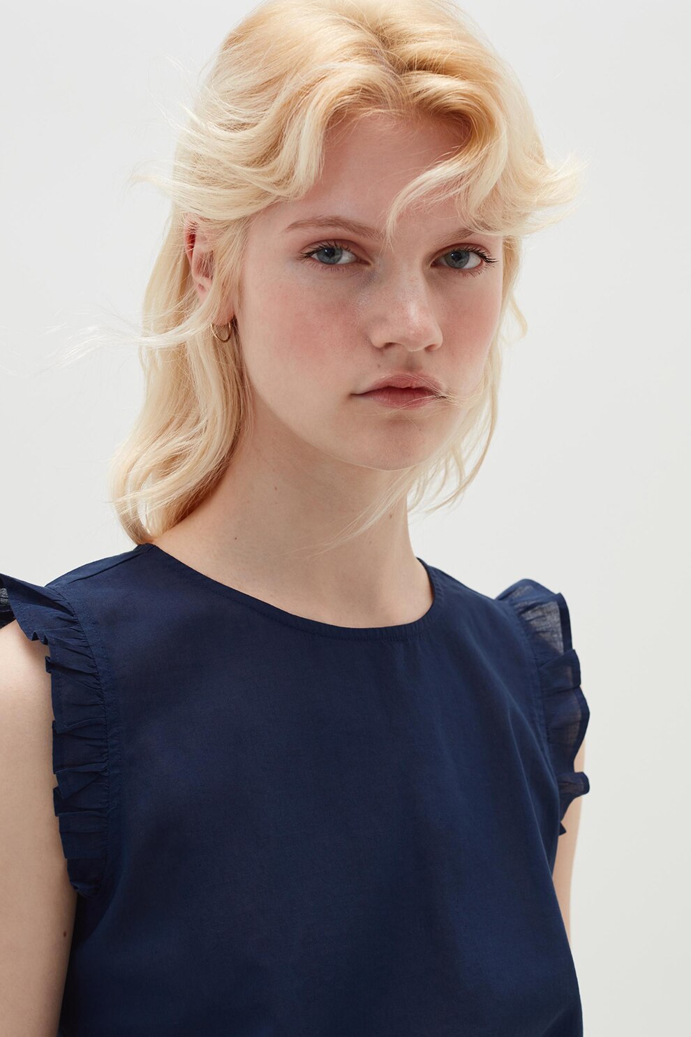 OVS, Bluza de bumbac cu maneci cu volane, Bleumarin inchis