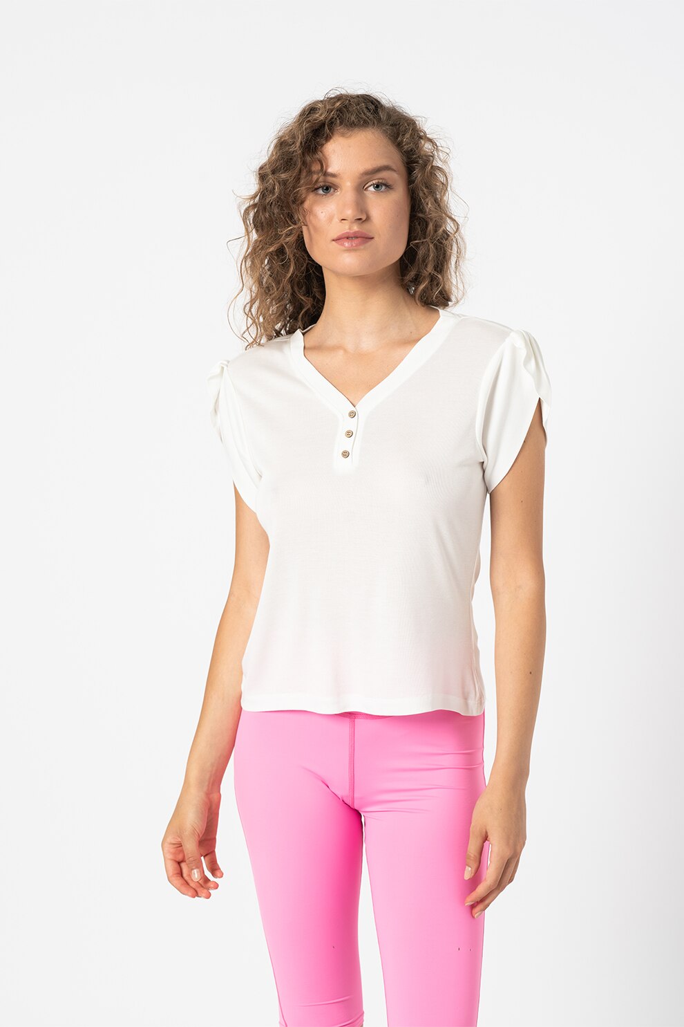 OVS, Tricou striat cu decolteu in V, Alb prafuit