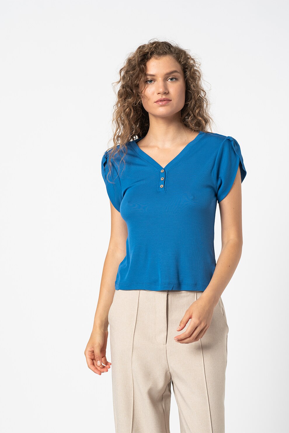 OVS, Tricou din jerseu cu decolteu in V, Albastru royal