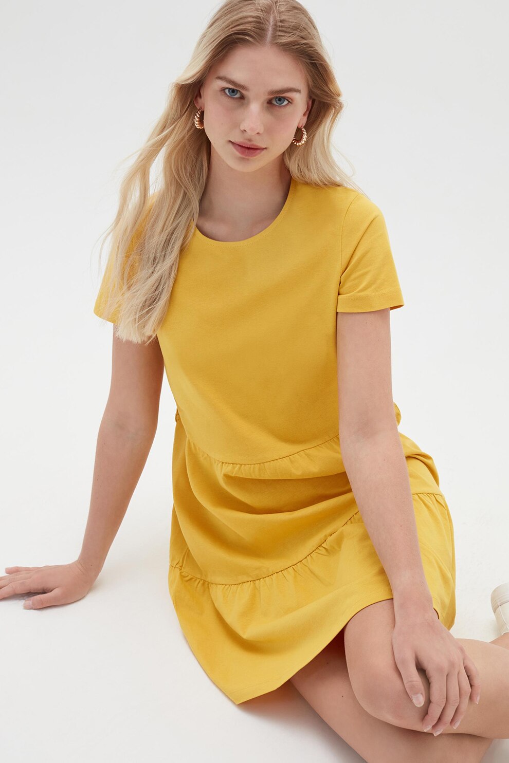 OVS, Rochie cu decolteu la baza gatului de bumbac, Galben, XL