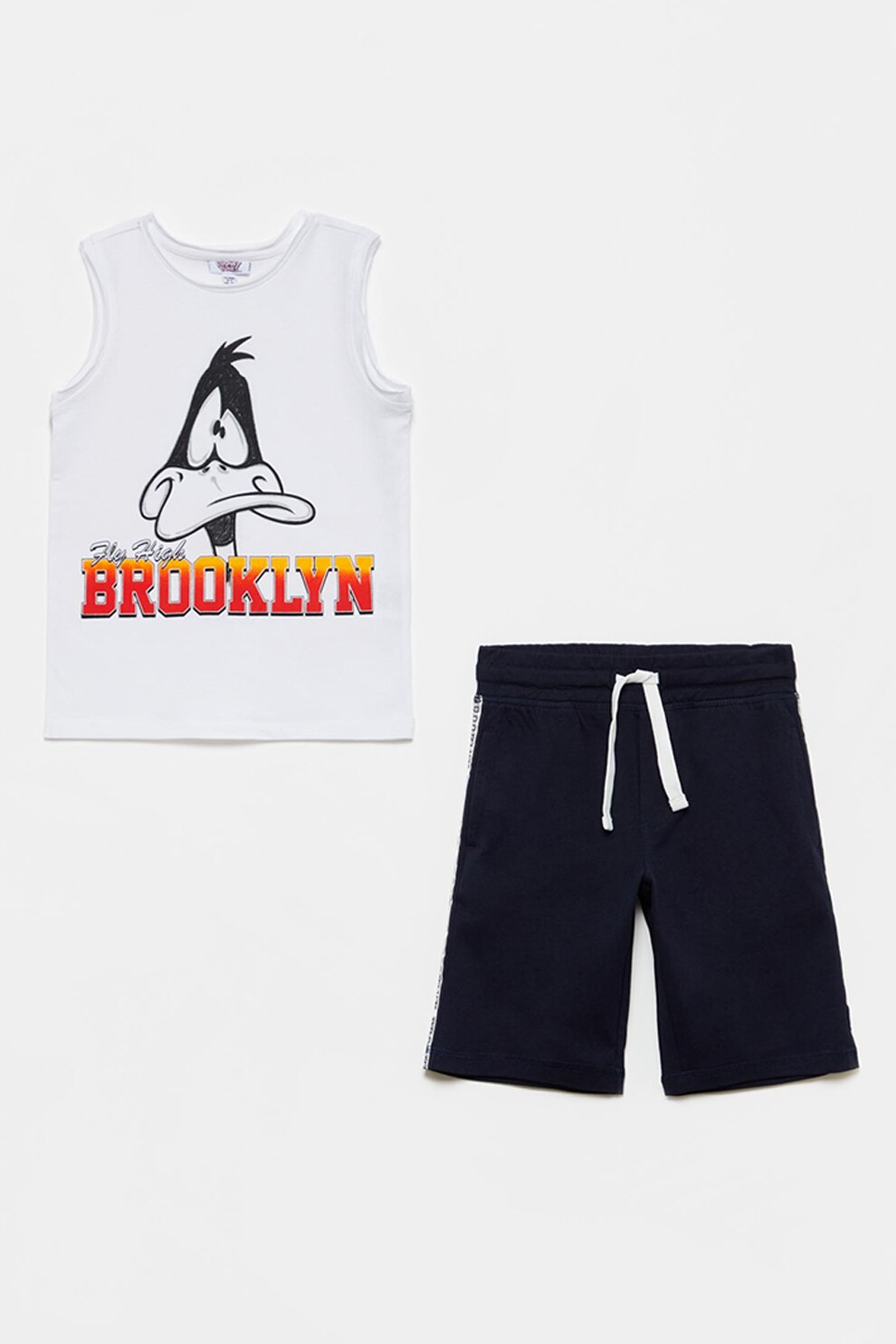OVS, Set de top cu imprimeu cu desene si bermude - 2 piese, Alb/Negru