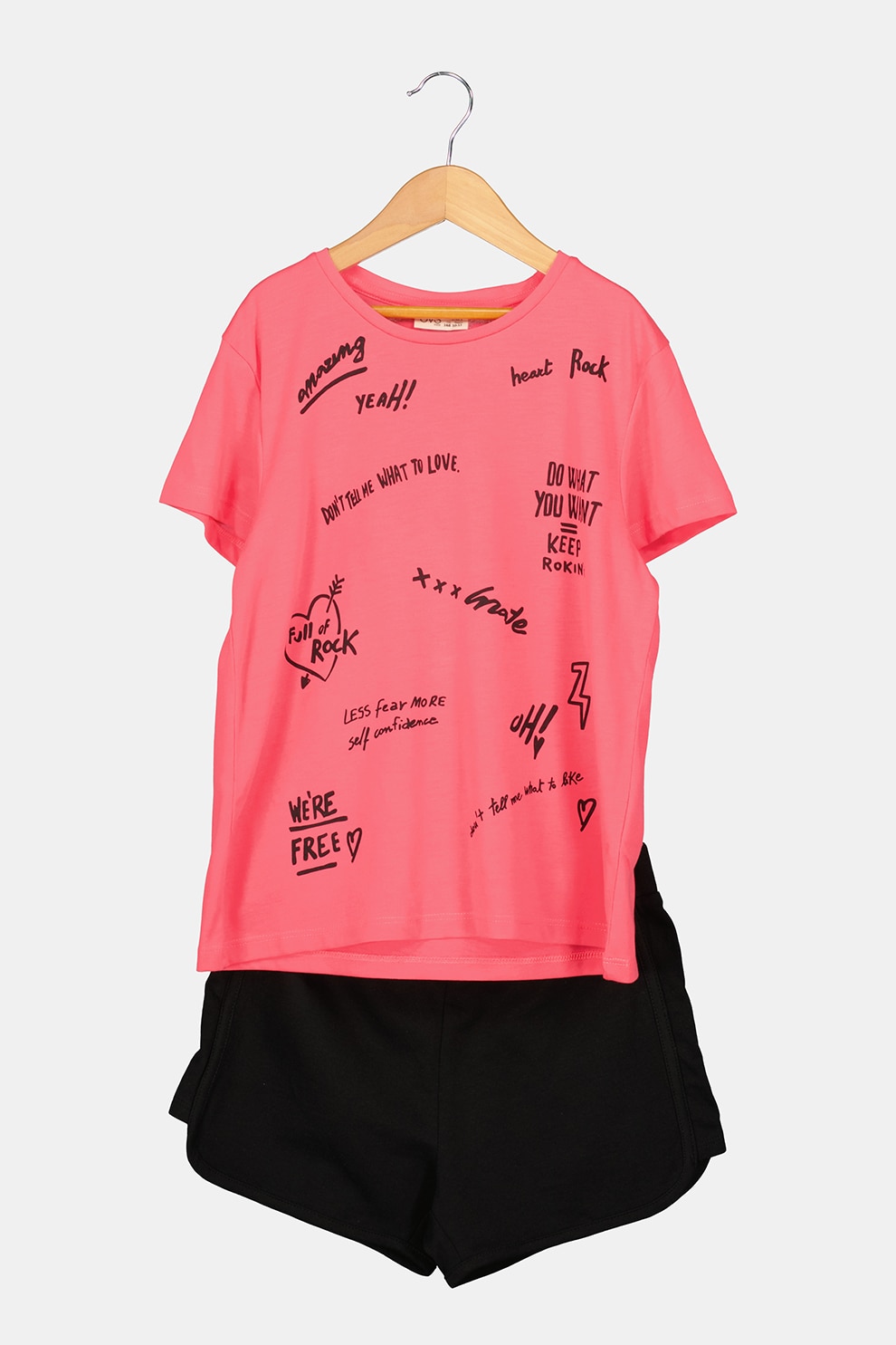 OVS, Set de tricou cu model si pantaloni scurti, Roz/Negru