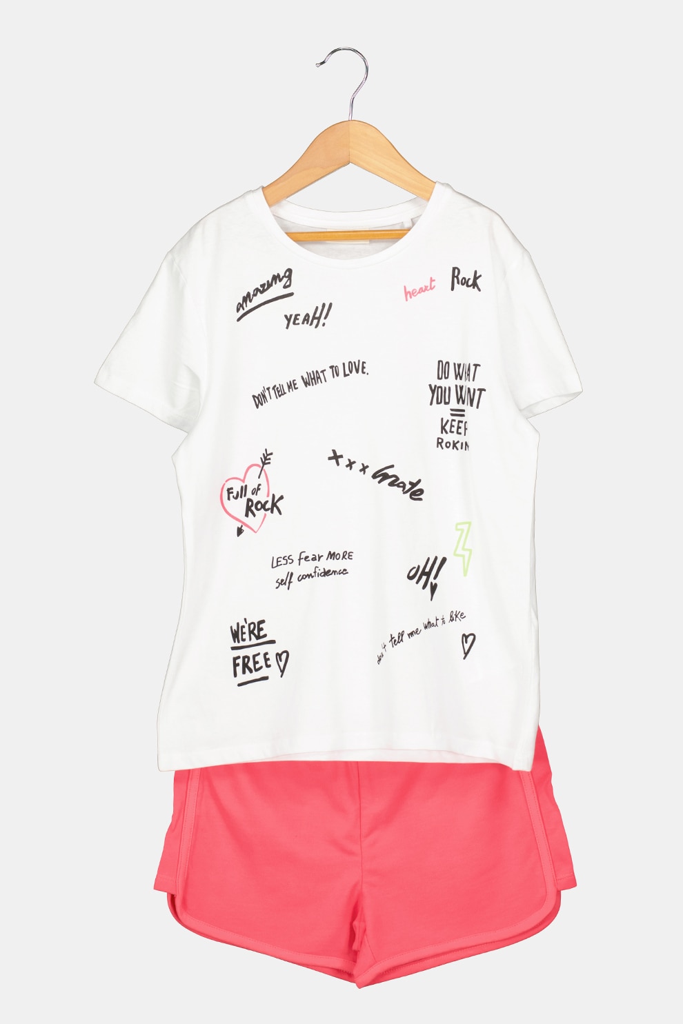 OVS, Set de tricou cu model si pantaloni scurti, Alb/Roz