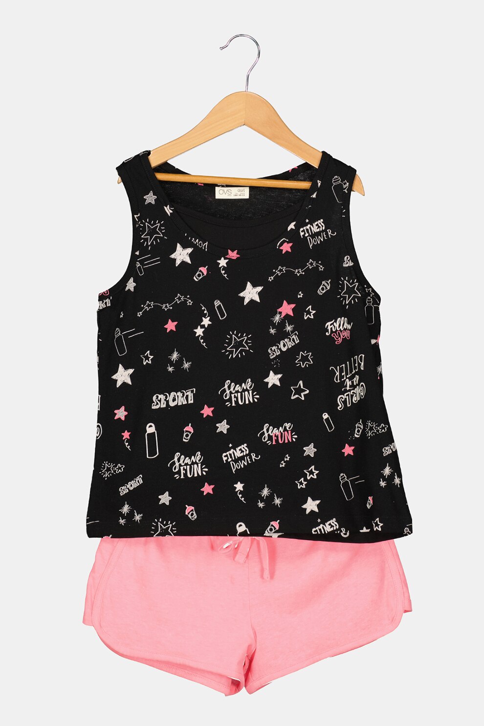 OVS, Set de tricou cu model si pantaloni scurti, Roz/Negru