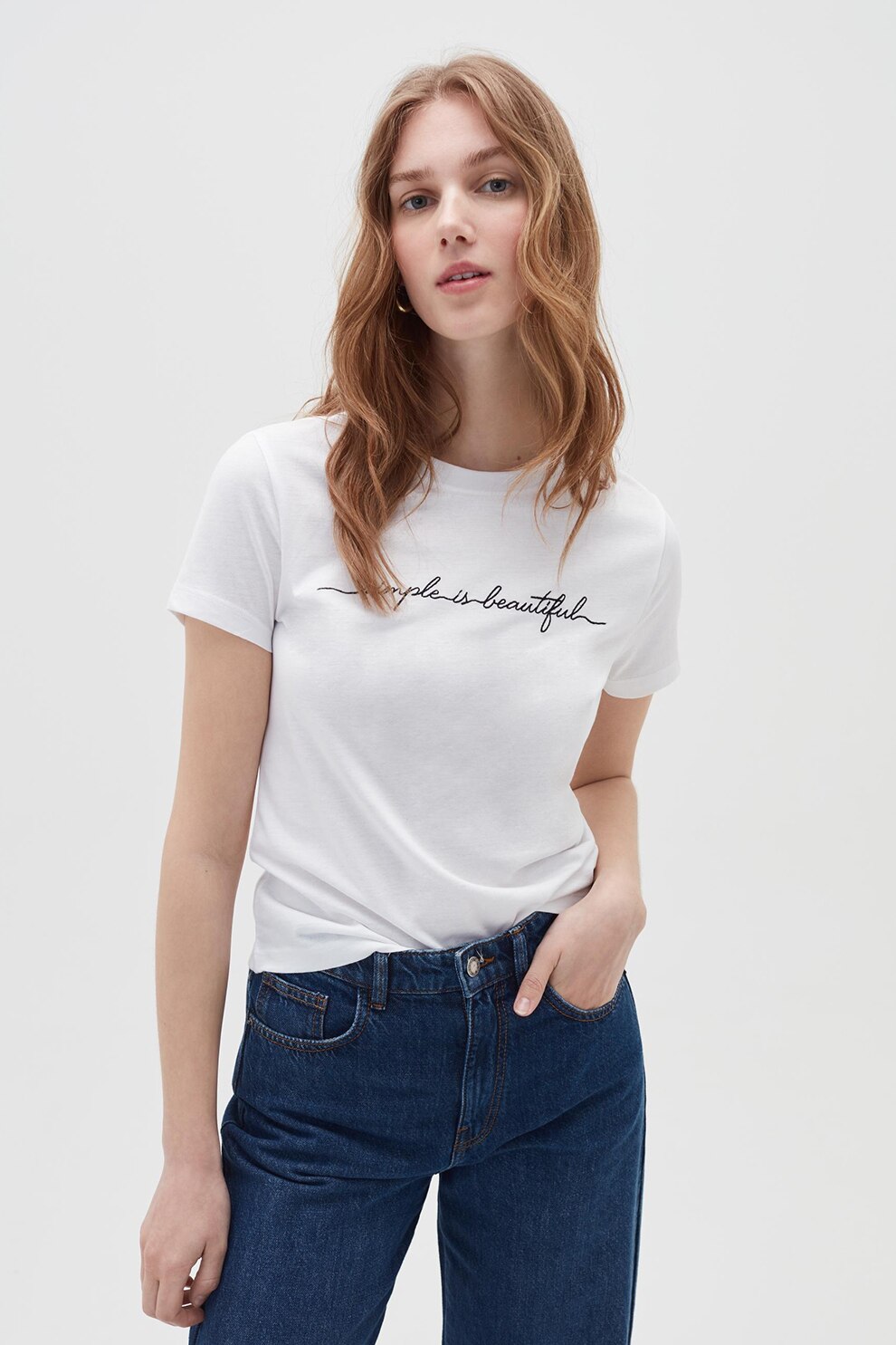 OVS, Tricou din amestec de modal cu text brodat, Alb