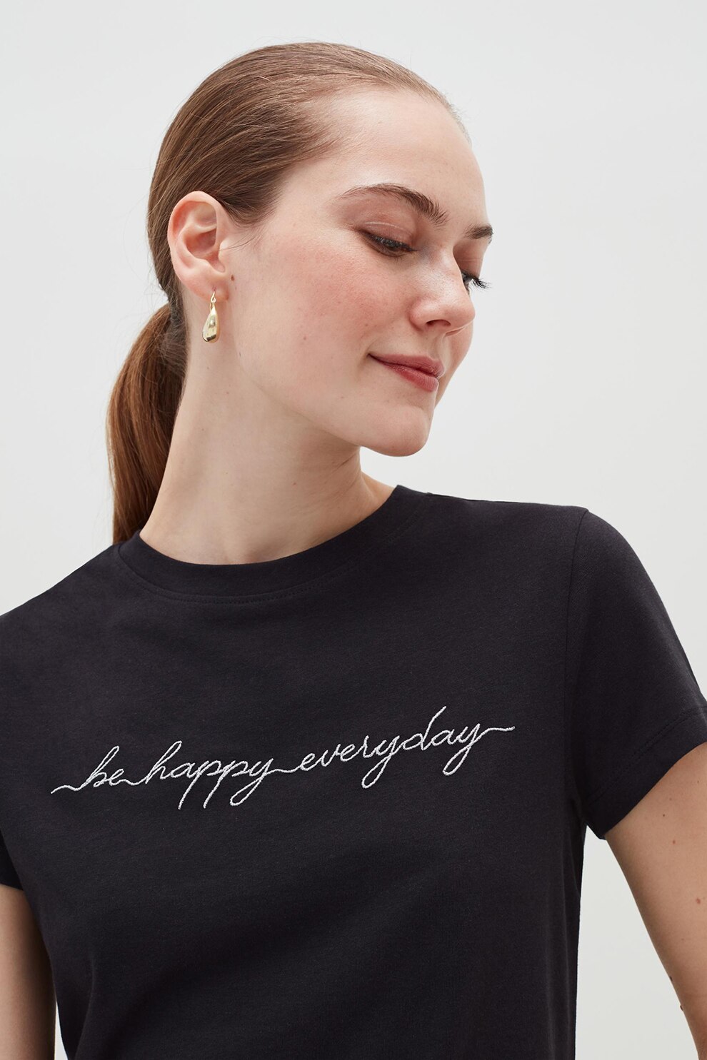 OVS, Tricou din amestec de modal cu text brodat, Negru